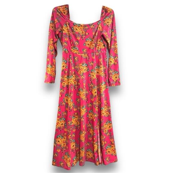 SCOOP Pink Floral Square neckline smocked back long sleeve Maxi Dress SZ 12-14 L - Picture 1 of 14